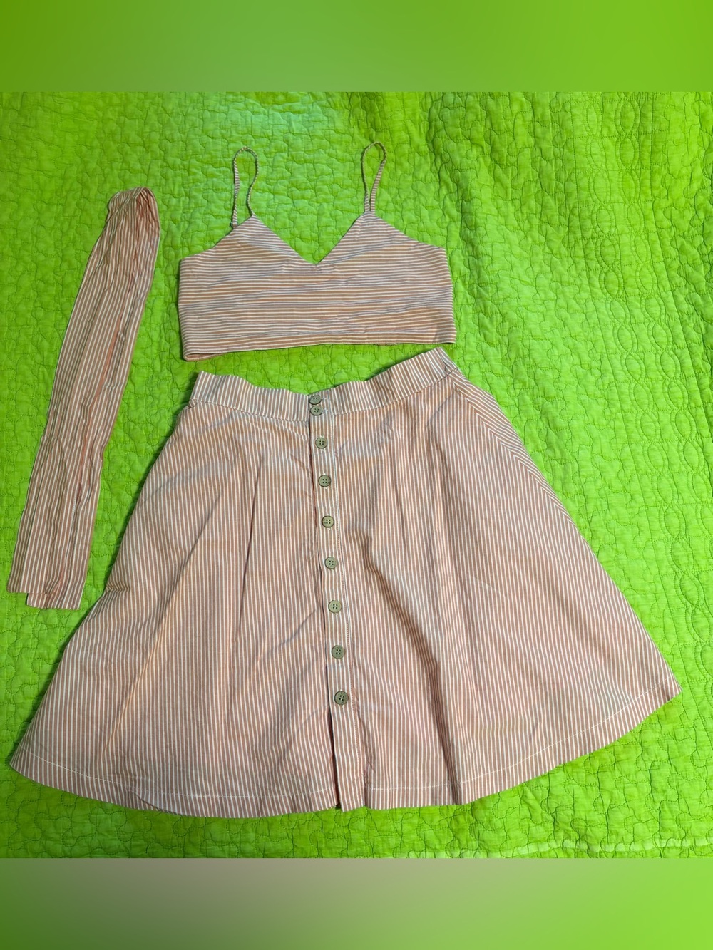 Pin-Striped Button-Front A-Line Skirt Set with Crop Top in Peach and White
